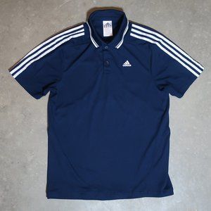 Adidas. Men's Medium. ClimaCool Polo. Navy Blue w/ White Stripes.